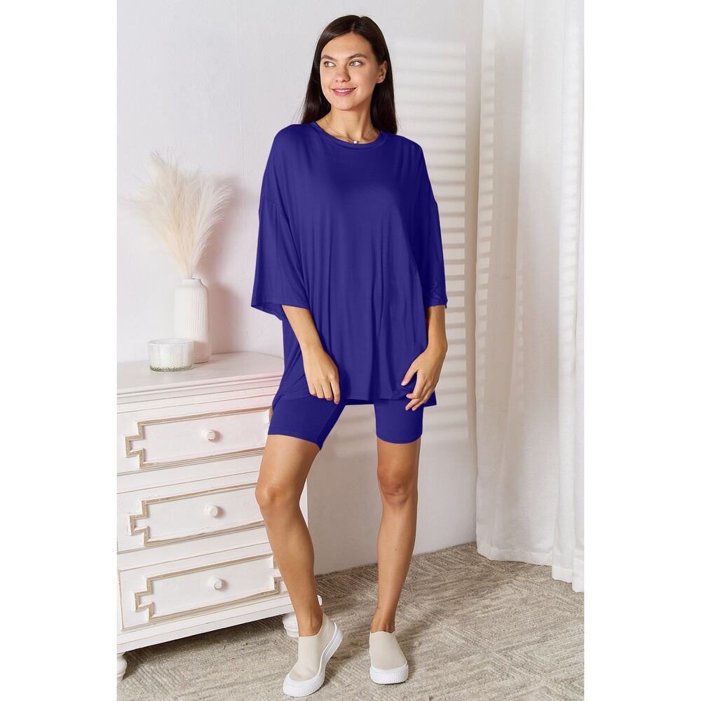 BASIC BAE Blue 3/4 Sleeve Top Shorts Casual Lounge 2 Piece Set NEW